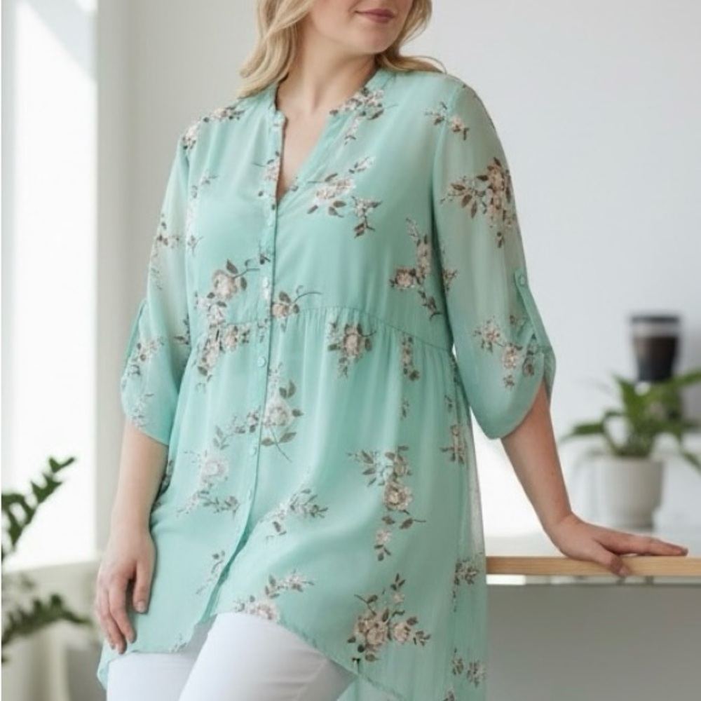 Torrid Mint Floral Hi-Low Button Front Tunic | Flowy & Feminine | Size 2 (2X)